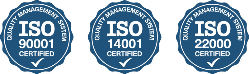 ISO 9001 14001 22000 Certified Quality Management System Compliance Logos for Food Safety and Environmental Standards Badge