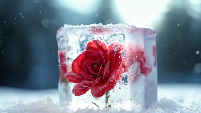 Red rose flower frozen inside a clear block of ice.
