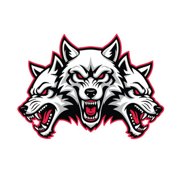 Fierce triple-headed wolf logo with menacing expression and sharp teeth illustration