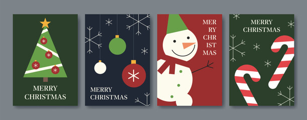 Set of minimalist retro Christmas cards with Christmas tree, baubles, snowman, candy canes and snowflakes. Simple vintage festive postcard templates for holiday greetings and winter design.