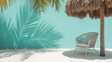 Tropical beach scene with a thatched umbrella, chair, and palm leaves casting shadows on a turquoise wall