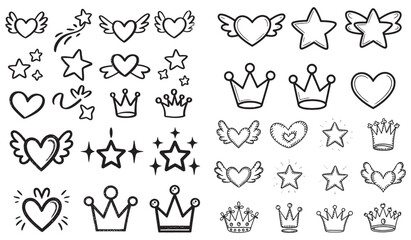 Naklejka premium Collection of hand drawn hearts stars crowns and winged symbols