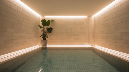 Modern indoor swimming pool with ambient lighting and a potted plant, creating a serene and luxurious atmosphere