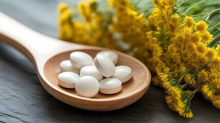 Closeup of white pills in a wooden spoon next to yellow flowers, symbolizing natural medicine or supplements