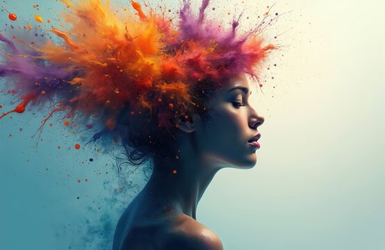Woman profile shows mind exploding. Vibrant colors, paint splatters, powder burst from head. Abstract image represents creativity, imagination, new ideas, mental energy, deep inspiration. Conceptual