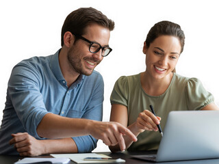 Man and woman smiling while collaborating on a laptop for a business project