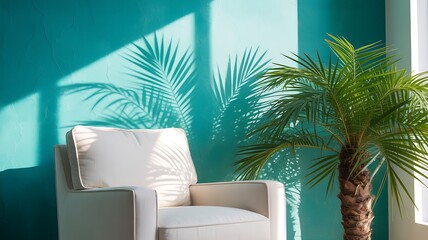 A white armchair sits in front of a teal wall with palm frond shadows cast by the sun