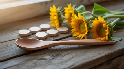 Sunflowers and a wooden spoon with pills on a rustic wooden table near a window