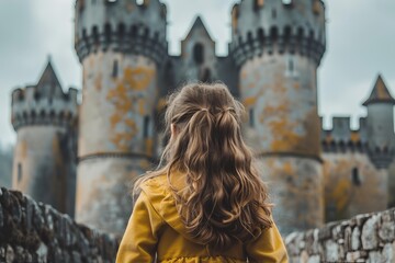Fototapeta premium Girl with long brown hair looking at a fairytale castle, dreaming of princesses and knights