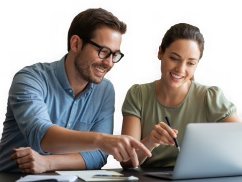Man and woman smiling while collaborating on a laptop for a business project