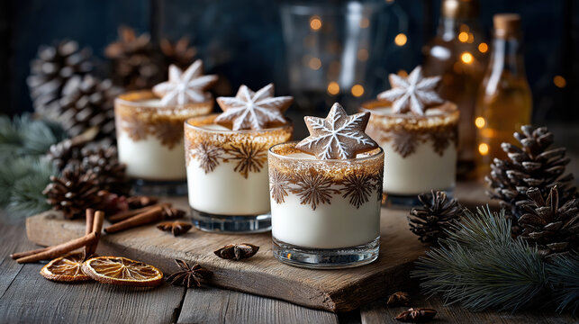 Christmas eggnog with gingerbread snowflake cookies. Festive winter holiday drink on a rustic wooden background. Cozy seasonal celebration concept - Powered by Adobe