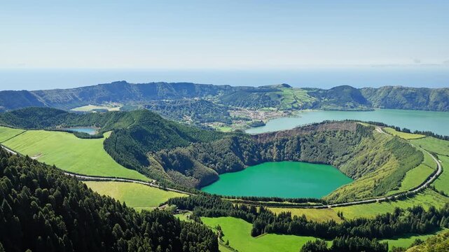 Aerial view lakes on tropical island nature, Lagoa das Sete Cidades in the volcano crater. Sao Miguel Island, Azores