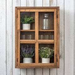 Rustic Wooden Cabinet with Plants and Glassware on White Wall, Farmhouse ,Decor