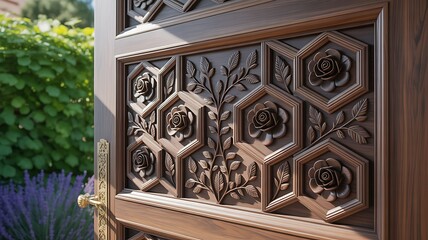 Intricately carved wooden door with rose and geometric patterns, detailed craftsmanship, traditional design, outdoor setting