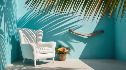 White armchair in a bright turquoise room with palm leaf shadows, tropical vacation vibe, minimalist decor, sunny day