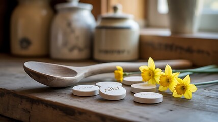 Wooden spoon and yellow daffodils on a rustic wooden table with ceramic jars in the background