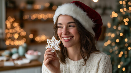 Happy young woman in a santa hat holding a christmas gingerbread cookie. Festive portrait of a smiling girl enjoying a holiday treat at home. Winter celebration concept