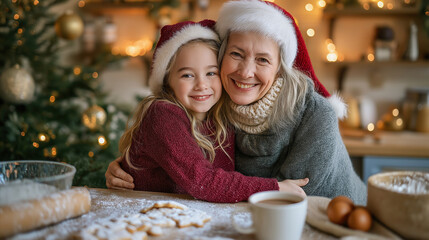 Smiling grandmother and granddaughter hugging while baking Christmas cookies. Happy family in Santa hats celebrating a holiday tradition in a cozy kitchen