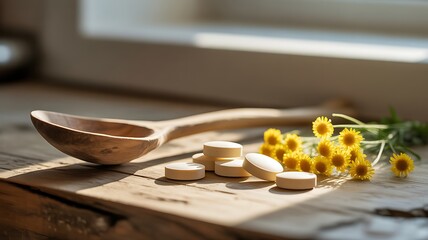 Wooden spoon with small yellow flowers and white pills on a wooden surface near a window