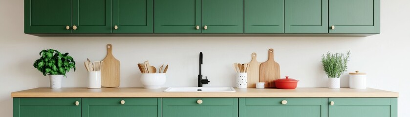 Fototapeta premium Stylish Green Kitchen,Cutting Boards,Herbs and wooden utensils on oak countertop , Kitchen Design, Home Decor