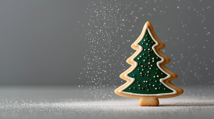 A decorated Christmas tree cookie with falling powdered sugar snow. Festive holiday baking and winter dessert concept on a gray background with copy space