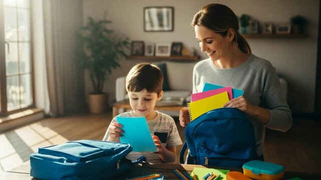 Mother helping her son to pack his school bag with books and stationery