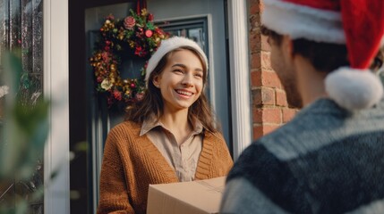 Young smiling woman wearing Santa hat joyfully receive package from delivery man at her front door, decorated with Christmas wreath. Joy of receiving holiday packages, festive home life