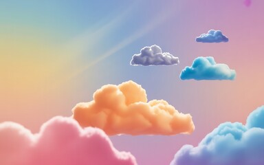 Dreamy, colorful clouds float in a pastel sky, with a soft gradient of pink, yellow, blue, and purple, evoking a whimsical fantasy