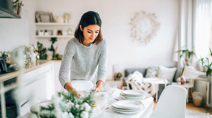Young woman sets the table with white plates and Christmas decorations for festive dinner in bright modern decorated home. Holiday preparation