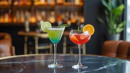 Two colorful cocktails garnished with fruit slices and mint leaves on a marble table in a bar