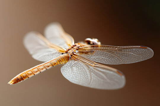 A close-up of a dragonfly showcasing intricate wing patterns and a vibrant, segmented body. The lighting creates a warm, inviting atmosphere highlighting its beauty and detail.