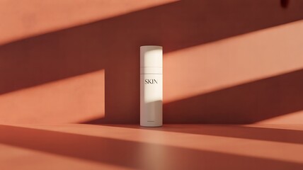 White cosmetic bottle with silver cap standing against a terracotta wall with dramatic shadows
