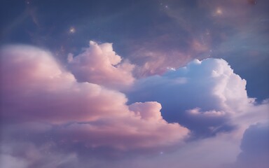 Dreamy sky with soft pink and blue clouds illuminated by gentle light, with faint stars
