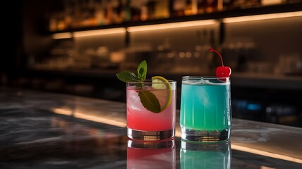 Two colorful cocktails on a bar counter with a blurred background of bottles and lights