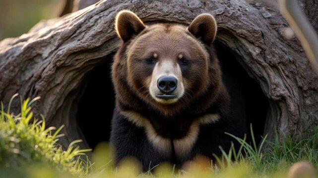 A sleepy brown bear emerging from its dark den into early spring sunlight.
