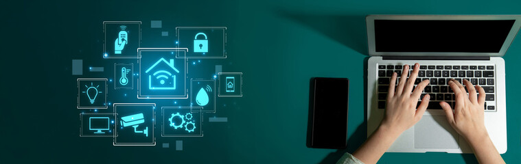 Concept of a smart home and the Internet of Things (IoT). A central system controls home automation...