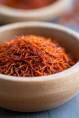 Fototapeta premium A wooden bowl is overflowing with vibrant orange and red threads, close up. The spice is presented in a raw, unprocessed state, ready for use in culinary creations.