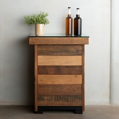 Wooden Cabinet with Plant and Bottles on Glass Top,Interior, Furniture