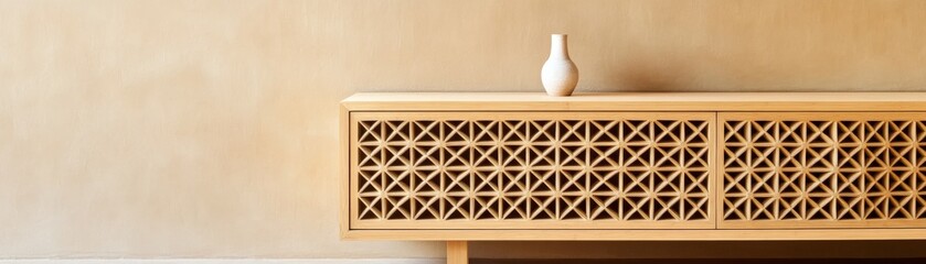 Wooden Cabinet with Geometric Pattern and Vase, Interiors , furniture