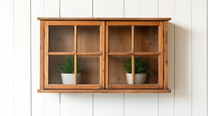 Wooden Cabinet with Plants on White Wall, Interior, Home Decor