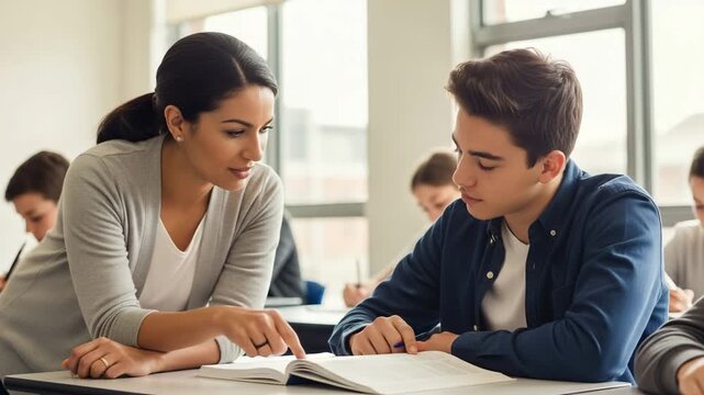 Teacher helping a student with his work in a classroom at a high school