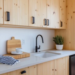 Wooden Kitchen Sink Black Faucet, Minimalist Design, Sink, Kitchen, Decor