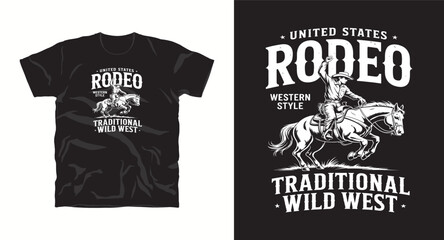 Vintage Rodeo T-Shirt Design: United States Western Style Illustration of Cowboy Riding Bucking Bronco with Star Accents, Traditional Wild West Apparel Graphic