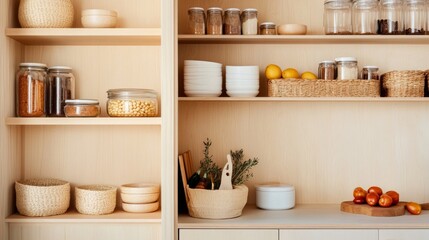 Wooden Pantry Jars, Bowls and Food Storage on Shelves. Minimalist, Kitchen