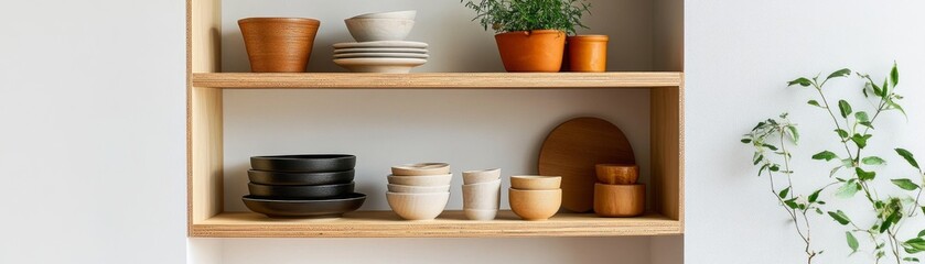 Wooden Shelf with Bowls and Plants, Minimalist Interior , Home decor