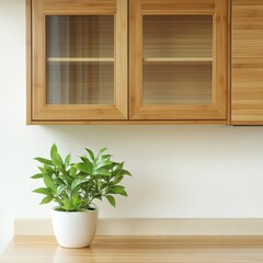 Zen Kitchen Bamboo Cabinets and Green Plant Decor, interior , minimalist