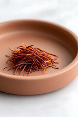 Fototapeta premium Saffron strands arranged on a round plate, showcasing their vibrant color. The saffron is the focus, set against a neutral background, highlighting the quality and flavor.