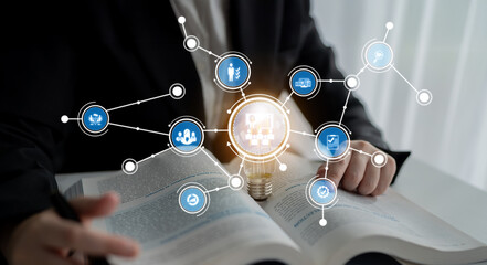 A business professional engages in data analysis, surrounded by digital icons symbolizing innovation and technology, emphasizing the intersection of knowledge and progress. Crux
