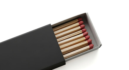 Close up of a black box of matches with red tips on a white background