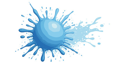 Round blue snowball splatter on wall with liquid spray and realistic reflections on white background, concept of motion and cool energy
